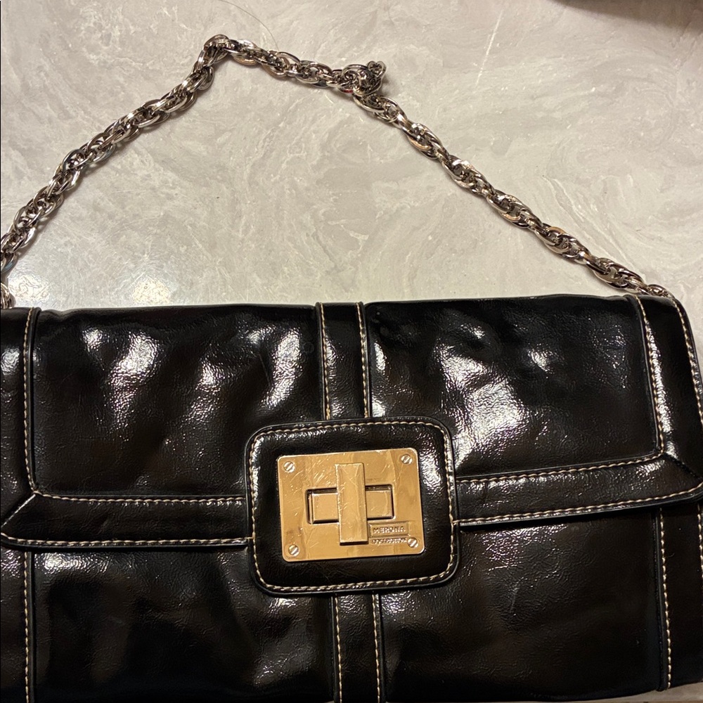 Merona Black Leather Shoulder Bag with Chain Strap‎